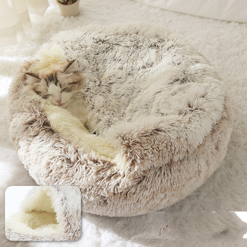 2 In 1 Dog And Cat Bed Pet Winter Bed Round Plush Warm Bed House Soft Long Plush Pets Bed Image