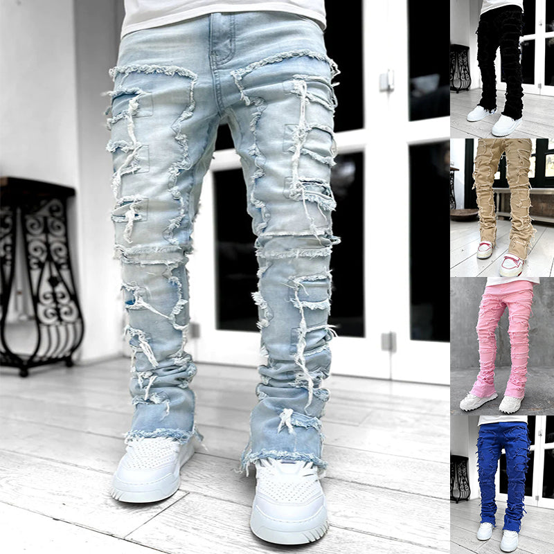 Men Trousers Individual Patched Pants Long Tight Fit Stacked Jeans For Mens Clothing Image