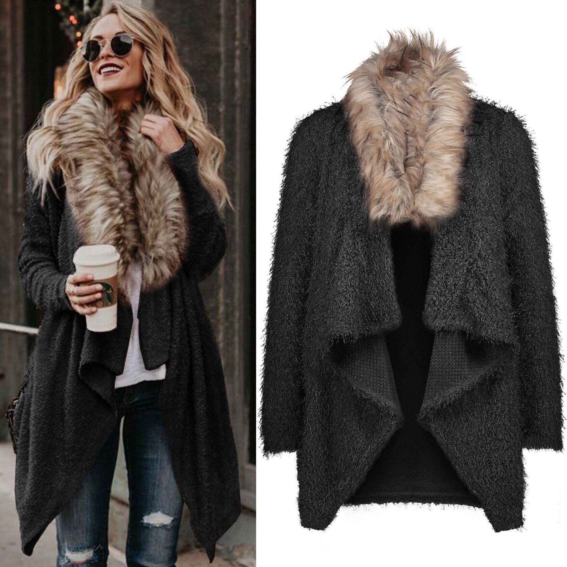 Fur collar cardigan plush trench coat Image