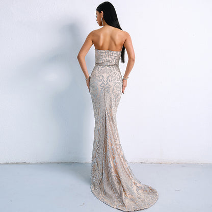 SEXY ELEGANT STRAPLESS GEOMETRIC EVENING DRESS