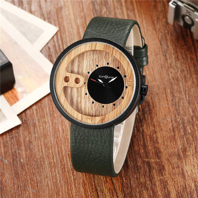 Fashion Top Brand Wooden Watch Men Exquisite Carving Hollow Design Male Clock Unique Green Leather Quartz Wood Watches