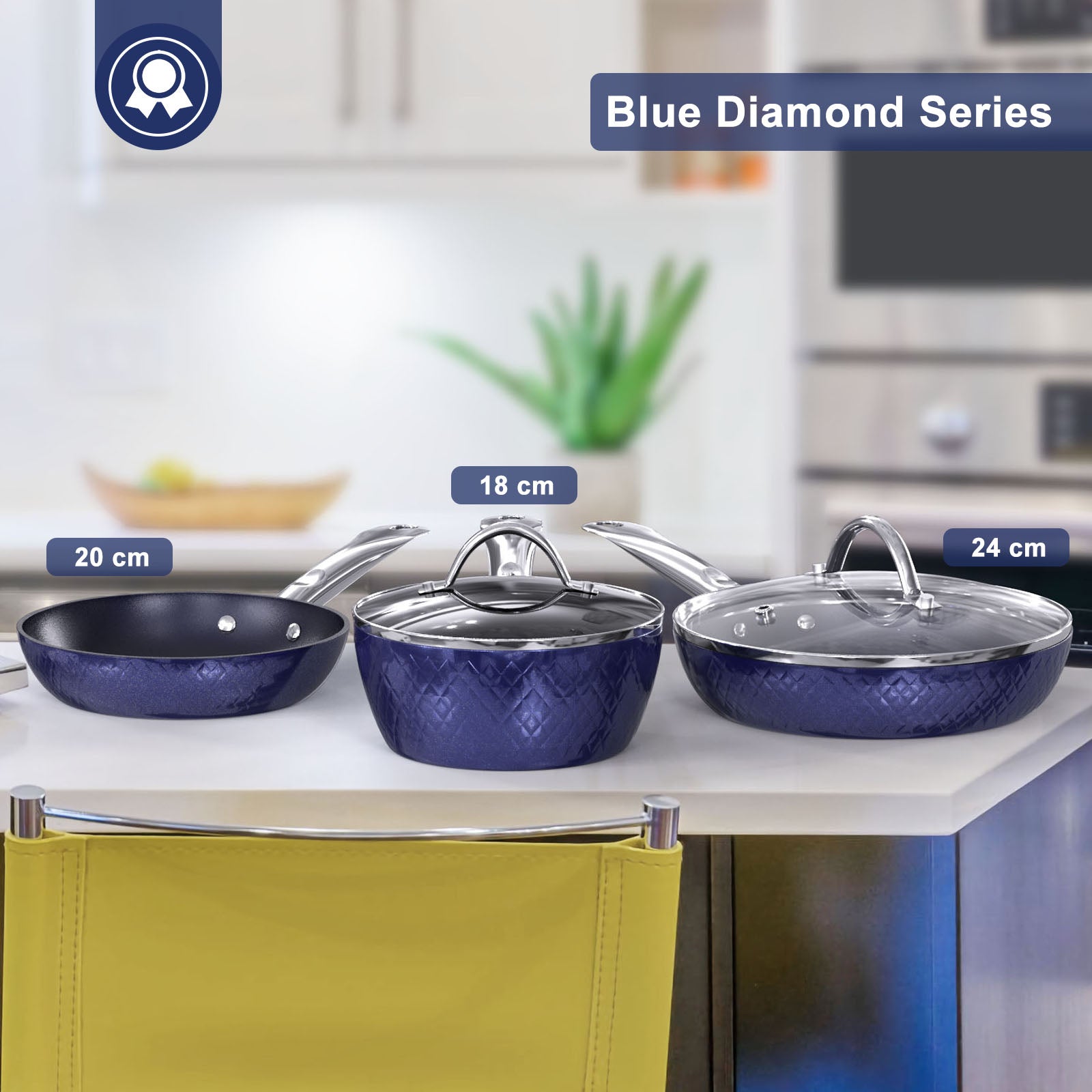 Frying Pan Sets Non Stick 3Pieces Blue 3D Diamond Cookware Image