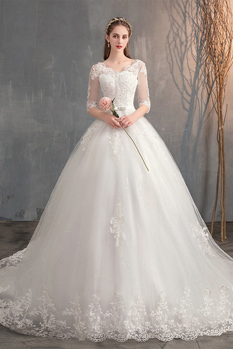 Wedding Dress Trailing Deep V Neck Lace High Waist Wedding Dress Long Sleeves Image