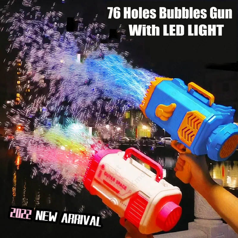 Bubble Gun Rocket 69 Holes Soap Bubbles Machine Gun Shape Automatic Blower With Light Toys For Kids Pomperos Image