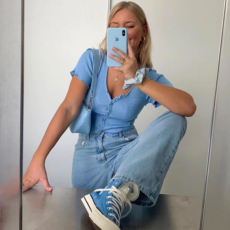 V Neck Ruffles Short Sleeve T Shirt Women Summer Casual Button Crop Top Basic Blue T Shirt Tops Image