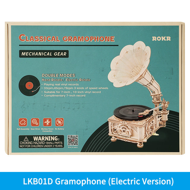 Robotime ROKR DIY Hand Crank Classic Gramophone Wooden Puzzle Model Building Kits Assembly Toy Gift For Children LKB01 Image