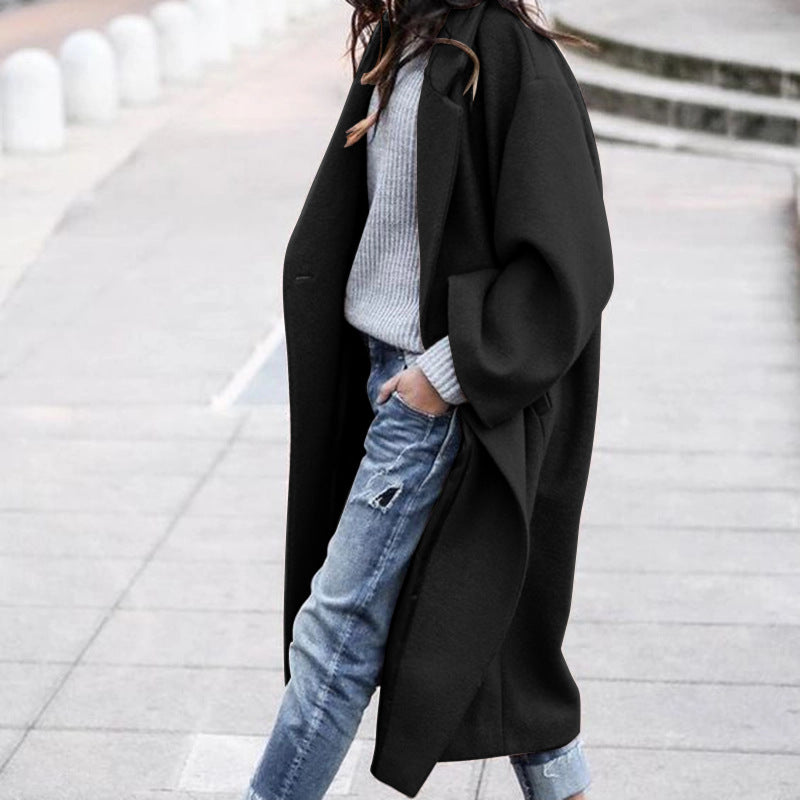 Casual Long Jacket With Pockets Solid Color Single Breasted Lapel Woolen Coat For Women Warm Winter Clothing Image