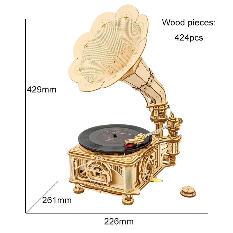 Robotime ROKR DIY Hand Crank Classic Gramophone Wooden Puzzle Model Building Kits Assembly Toy Gift For Children LKB01 Image