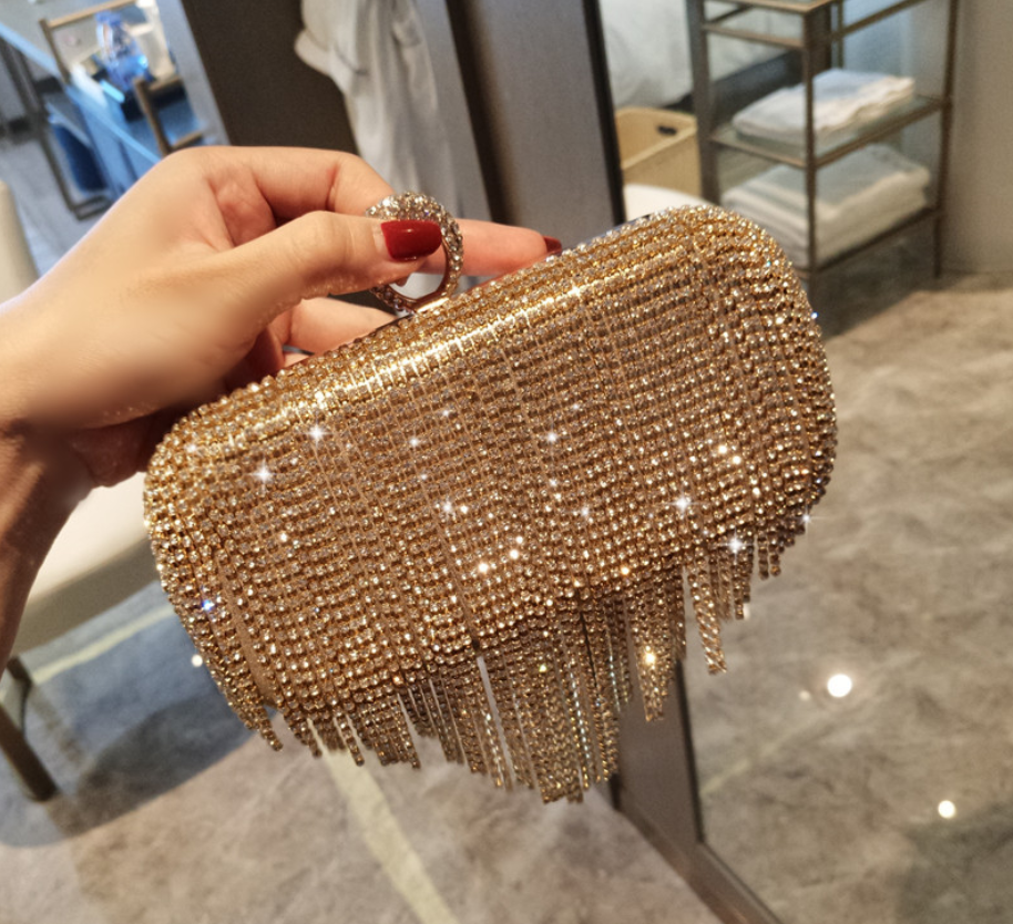 2021 new shiny diamond ladies fringed hand bag bag bag bag night party party bride Xiekua package Image