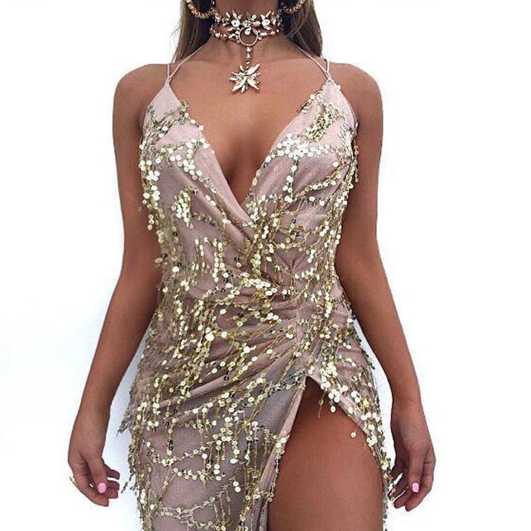 V-neck sexy halter strap sequin dress Image