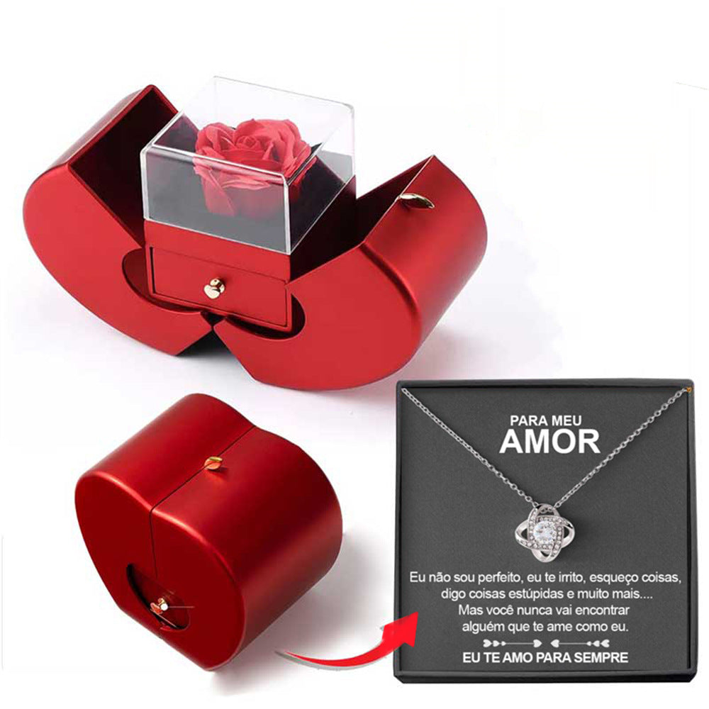 Fashion Jewelry Box Red Apple Christmas Gift Necklace Eternal Rose For Girl Mother's Day Valentine's Day Gifts With Artificial Flower Rose Flower Jewelry Box Image