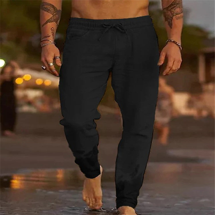 Men's Solid Color Cotton Linen Loose Beach Casual Pants Image