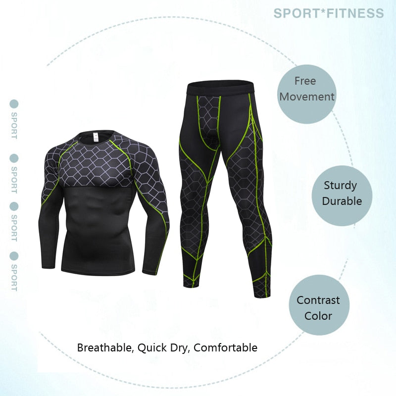 Men's Compression Run jogging Suits Grid Clothes Sports Set Long t shirt And Pants Gym Fitness workout Tights clothing 2pcs Sets Image