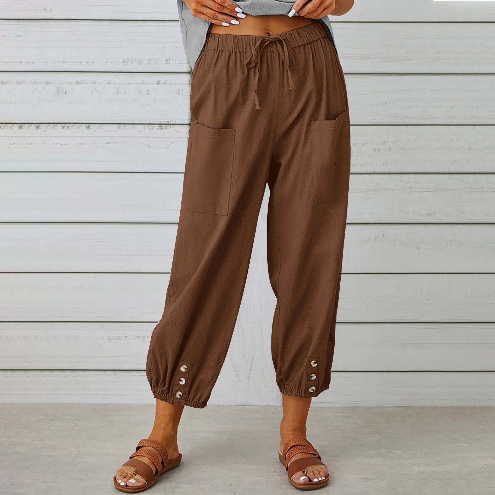 Women Drawstring Tie Pants Spring Summer Cotton And Linen Trousers With Pockets Button Image