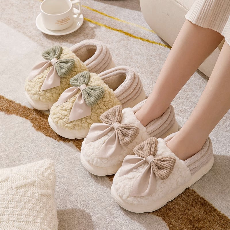 Big Bow-knot Fluffy Slippers Winter Warm Covered Heel Cotton Shoes Fashion Thick-soled Platform Slippers Indoor And Outdoor Garden Walking Shoes Image