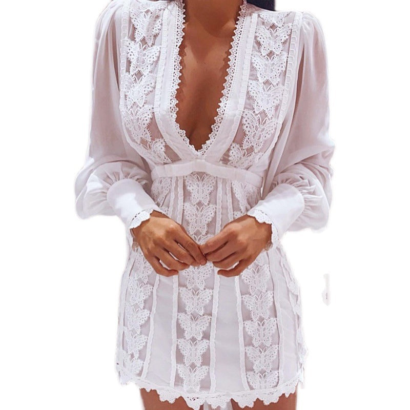 White Elegant Dresses Sexy V Neck Lace Dress Long Puff Sleeve Butterfly Dress For Women Image