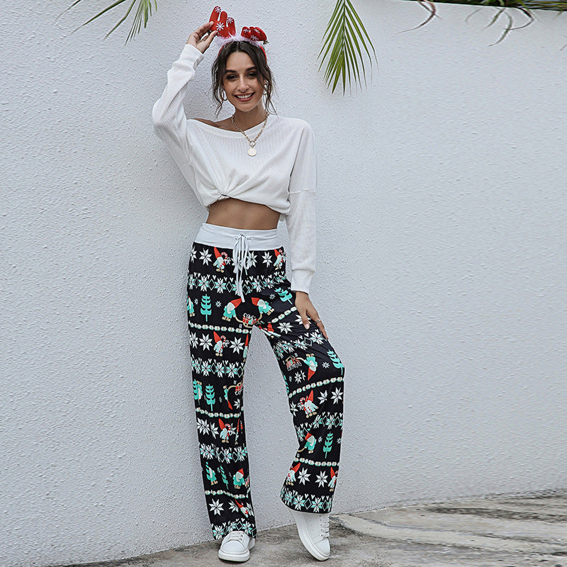 Christmas Print Pants Women Fashion Casual Drawstring Trousers With Christmas Snowflake Tree Elk Print Image