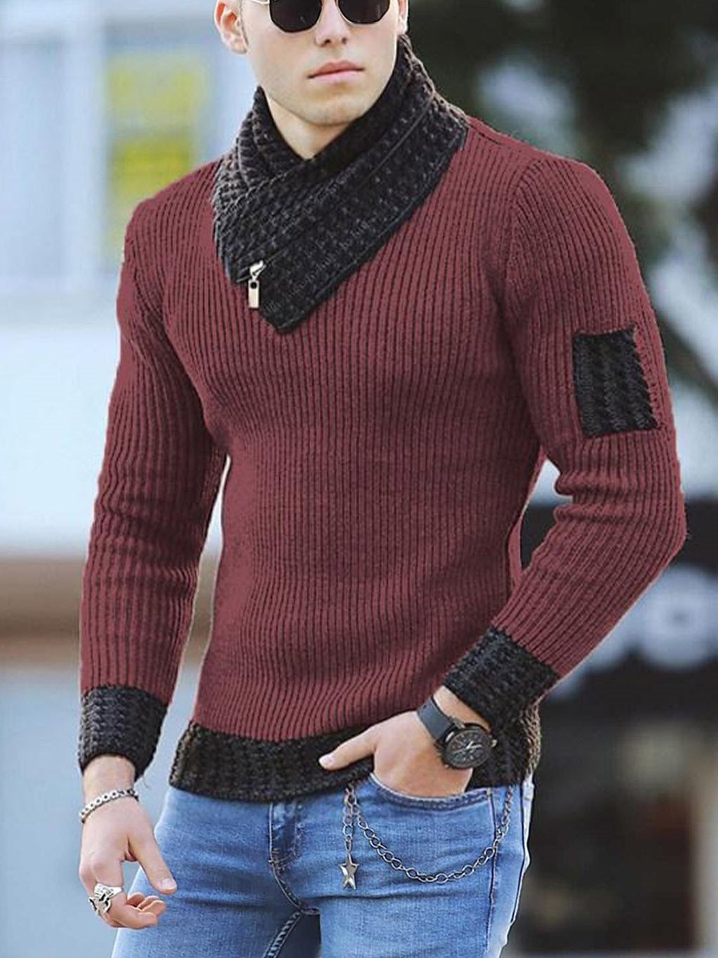 Casual Slim Knit Pullover Long Sleeve Scarf Collar Sweater Men's Image