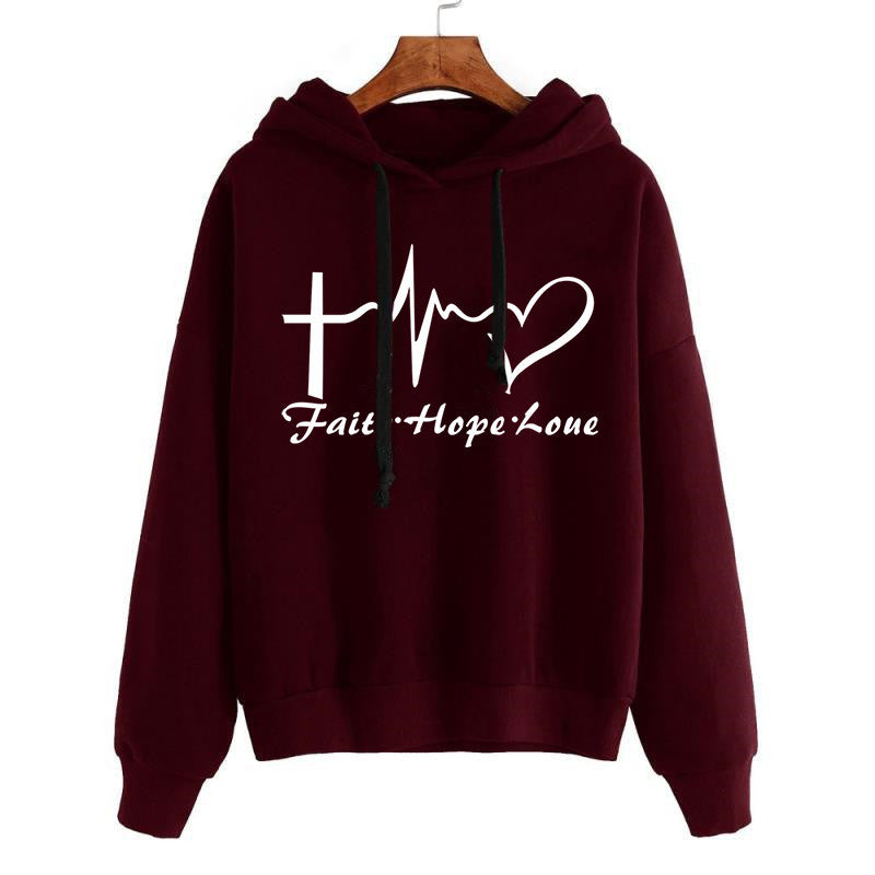 Heart Print Hoodie Sweatshirt Pullover Tops Women Long Sleeve Sports Clothes Image