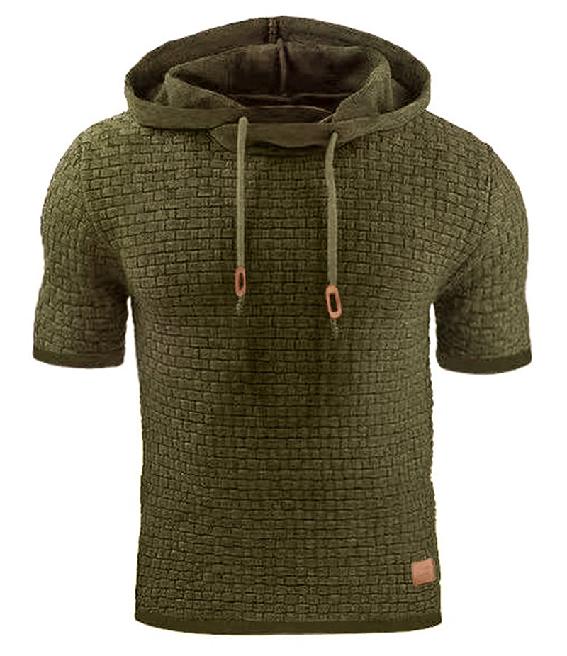 Mens Hooded Sweatshirt Short Sleeve Solid Knitted Hoodie Pullover Sweater Image