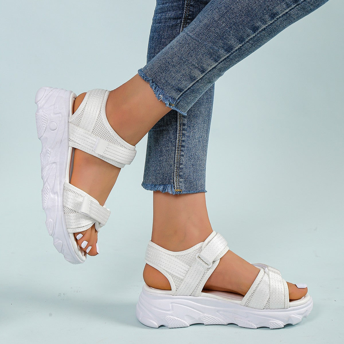 Women's Platform Round Toe Peep Toe Velcro Casual Sandals Image