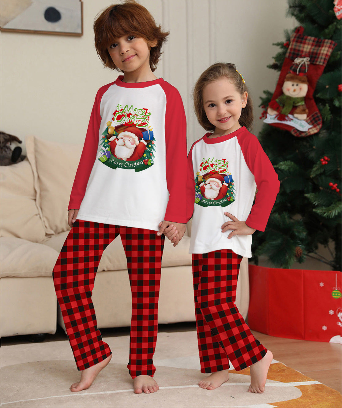 Christmas Parent-Child Clothes Set Long Sleeve T-Shirt Plaid Pants Family Matching Pajamas Image