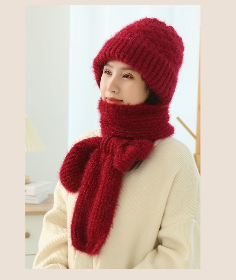 Women's Fleece-lined Scarf And Hat Winter Warm Knitted Hat Scarf Image