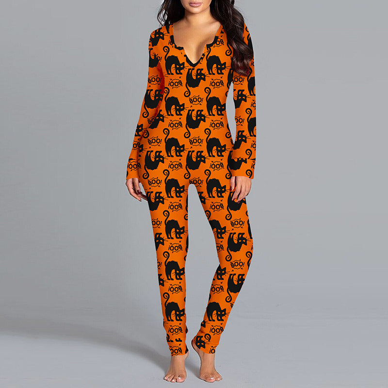 Halloween Printed Jumpsuit Long Sleeve Home Pajamas Casual Trousers Women's Cos Clothing Image