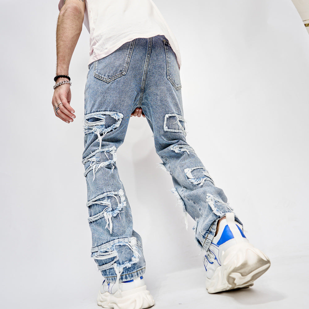 High Street Trousers Man's Pants Full Length Patched Straight Fit Men's Hip Hop Jeans Image