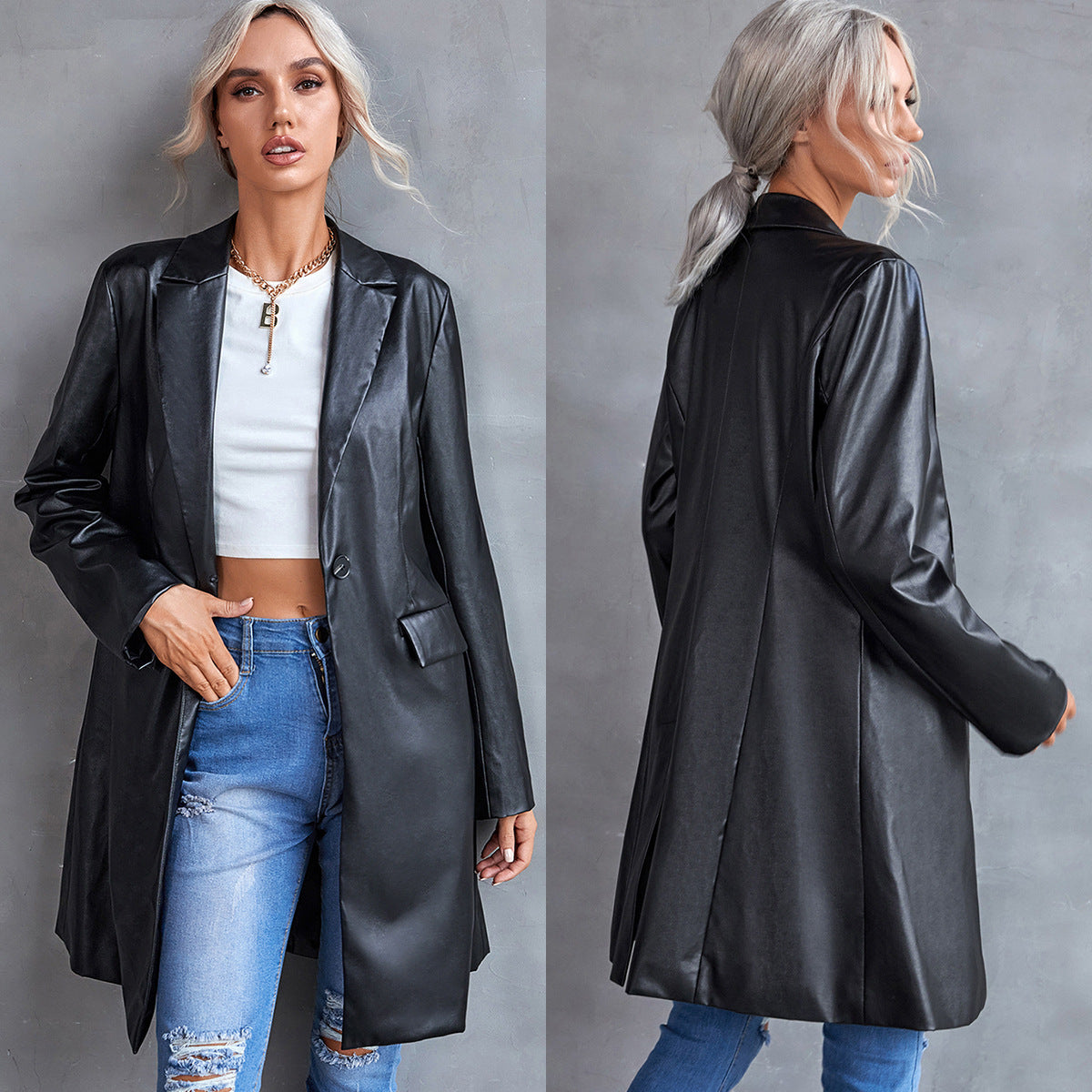 Women's Leather Slim Long-sleeved Windbreaker Blazer Top Image