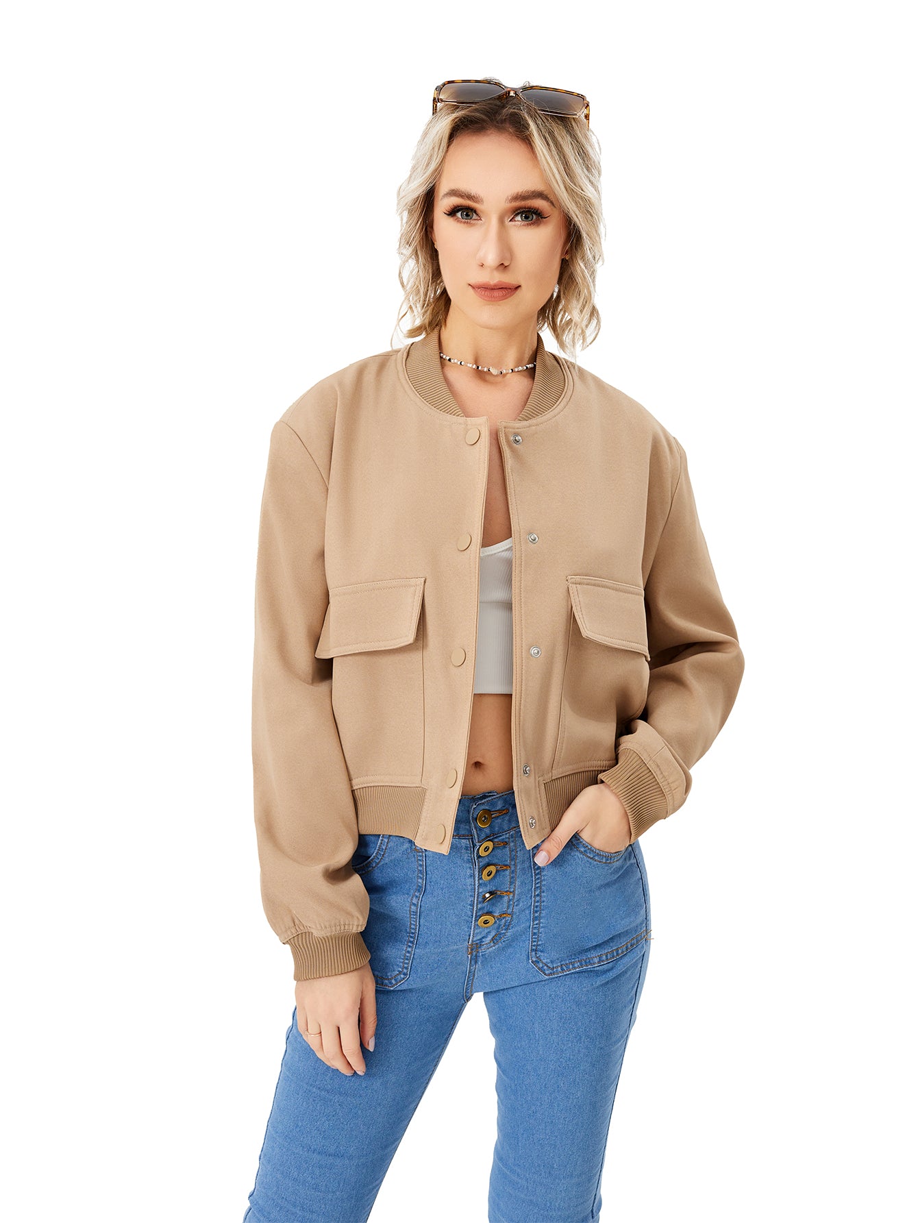 Women's Lightweight Cropped Bomber Jacket Casual Long Sleeve Varsity Jacket With Pocket Fashion Y2k Jacket Streetwear Image