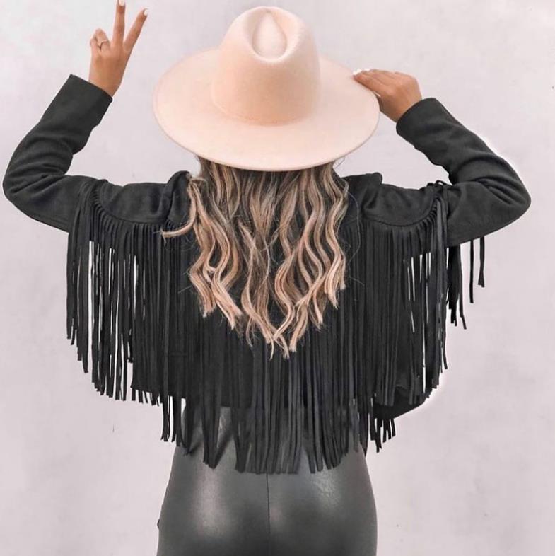 Women's Faux Suede Leather Fringe Jacket Motorcycle Moto Biker Short Open Front Tassel Coat Image