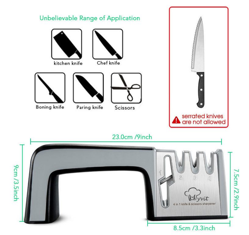 A Four-in-one Family Uses A Sharpener To Sharpen A Kitchen Knife Image