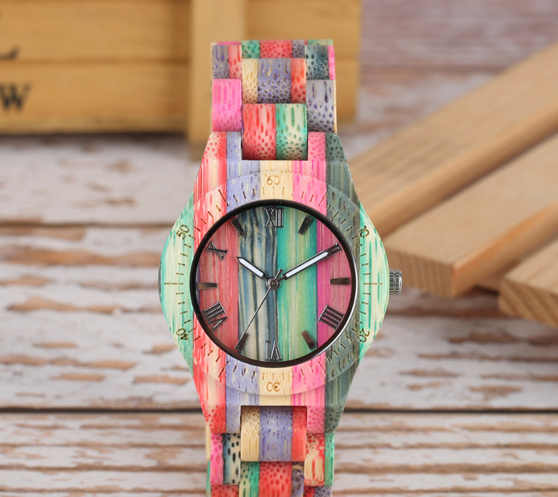 Colored Bamboo Wood Carving Couple Watch Image