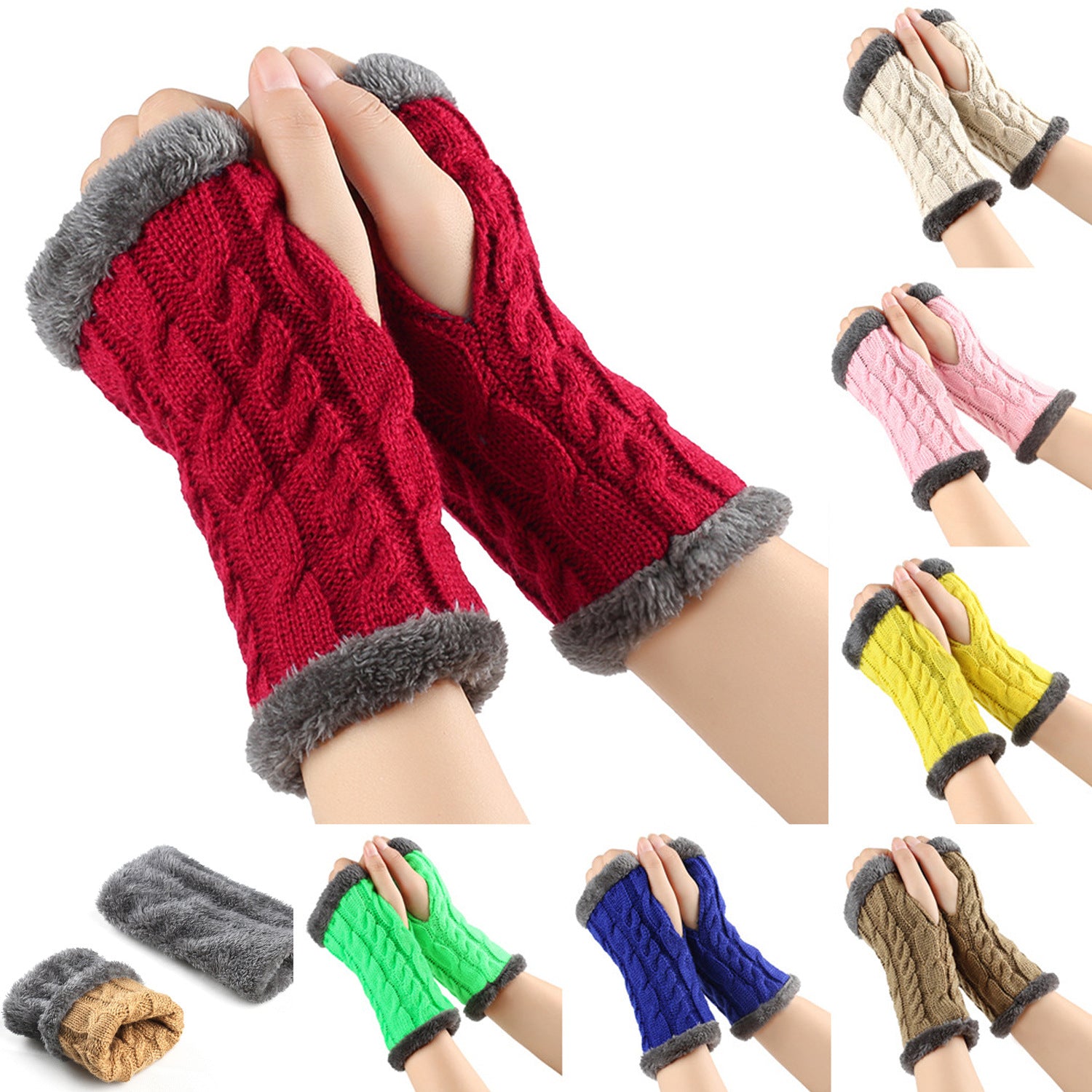 Winter Plush Gloves Twist Knitted Fingerless Fleece Gloves Women Warm Thickened Woolen Gloves Image