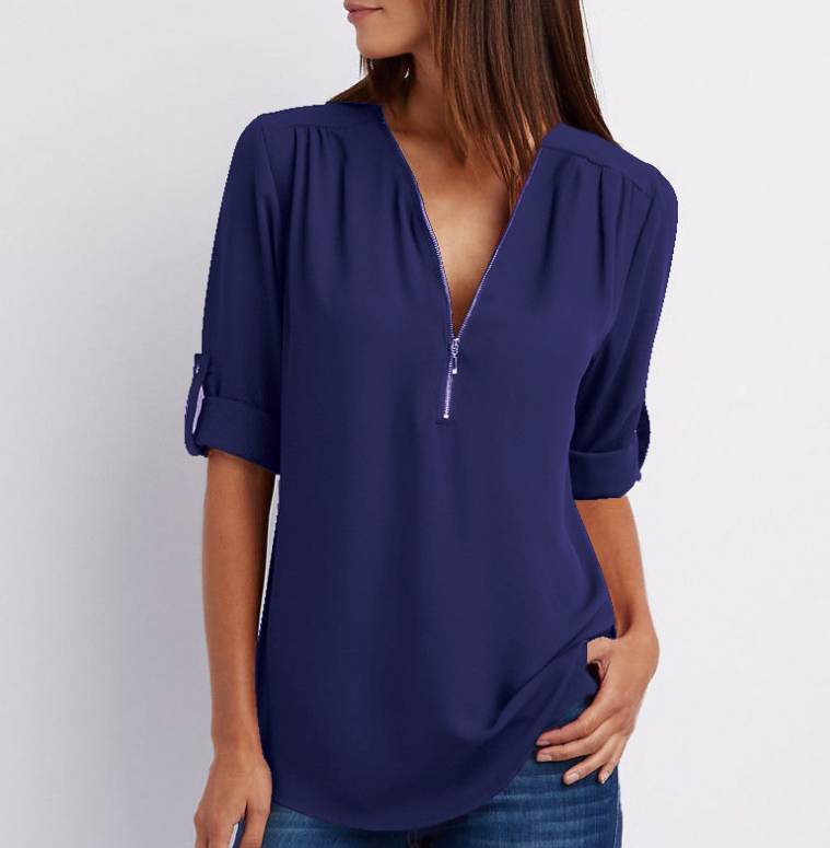 Zip V-neck Shirts Women Short Sleeve Loose Tops Image