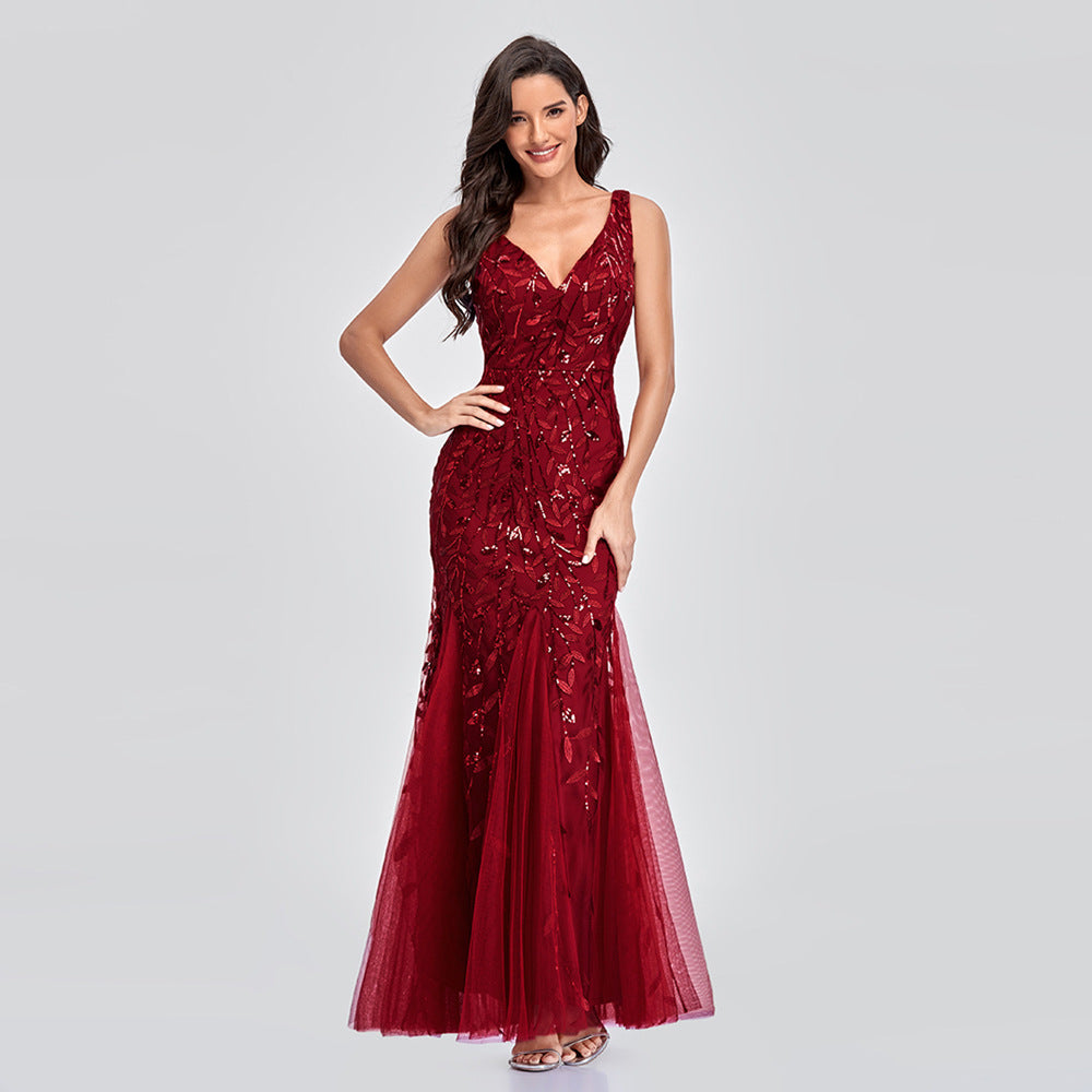 Sexy Long Dress Sleeveless V-neck Embroidered Sequin Slim Mermaid Dress Image