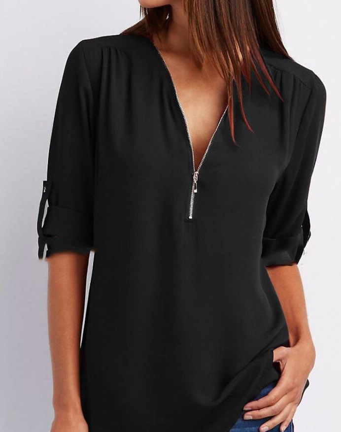 Zip V-neck Shirts Women Short Sleeve Loose Tops Image