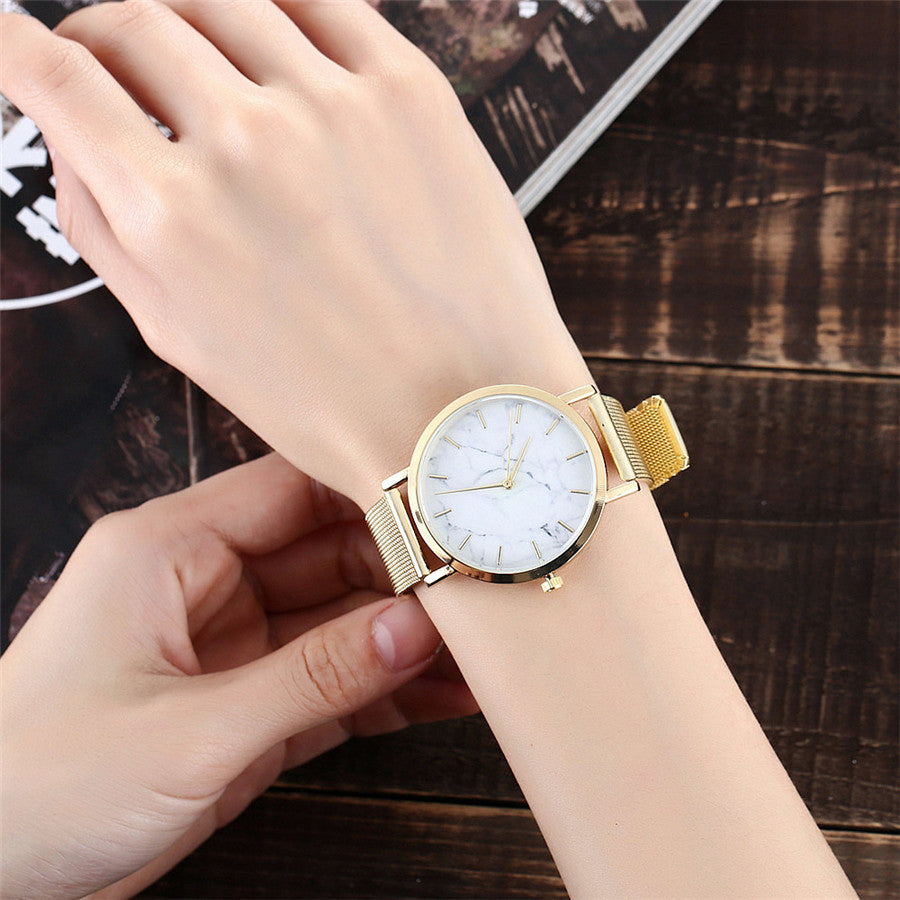 Vansvar fashion brand silver and gold mesh band creative marble wristwatch casual women quartz watches gift relogio feminino Image