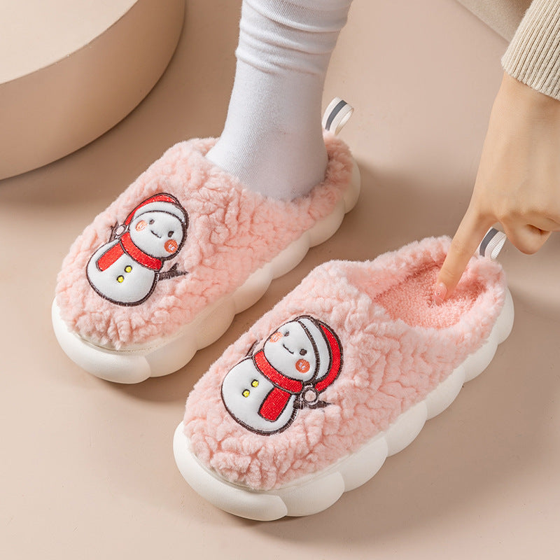 Cute Snowman Slippers Winter Indoor Household Warm Plush Thick-Soled Anti-slip Couple Home Slipper Soft Floor Bedroom House Shoes Image