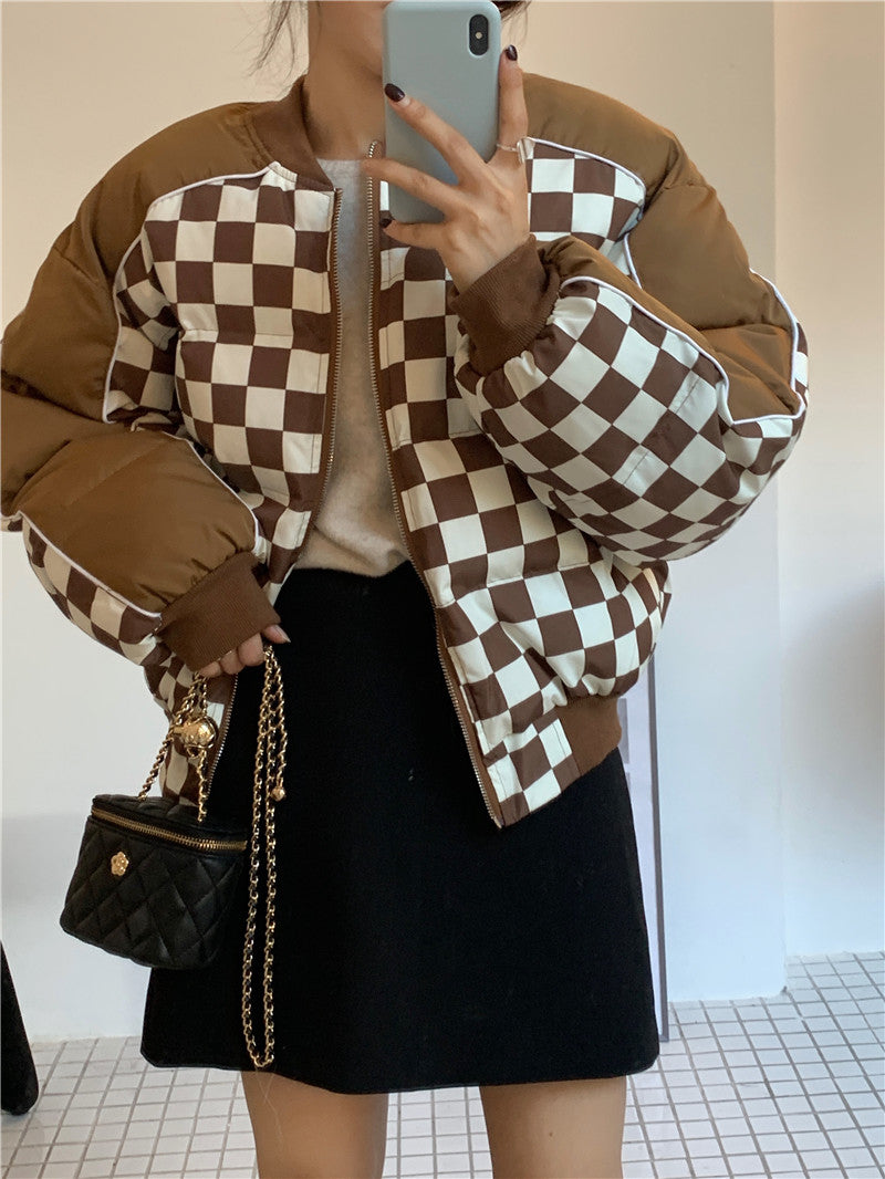 Retro Fried Street Contrast Color Checkerboard Casual Padded Jacket Image