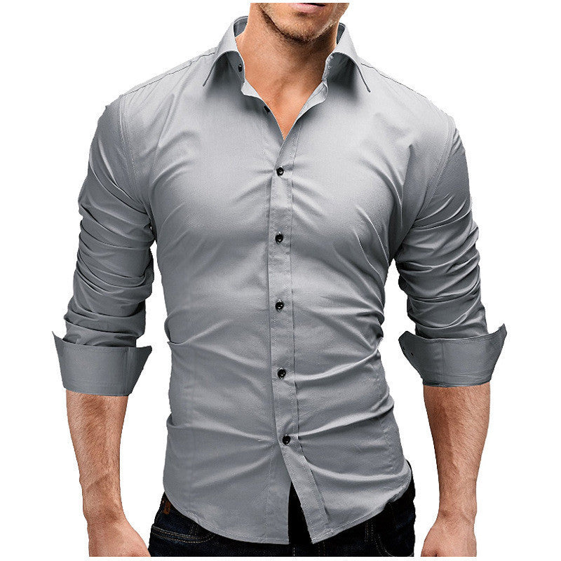 Men's Slim-fit Long-sleeved Solid Color Simple Formal Shirt Image