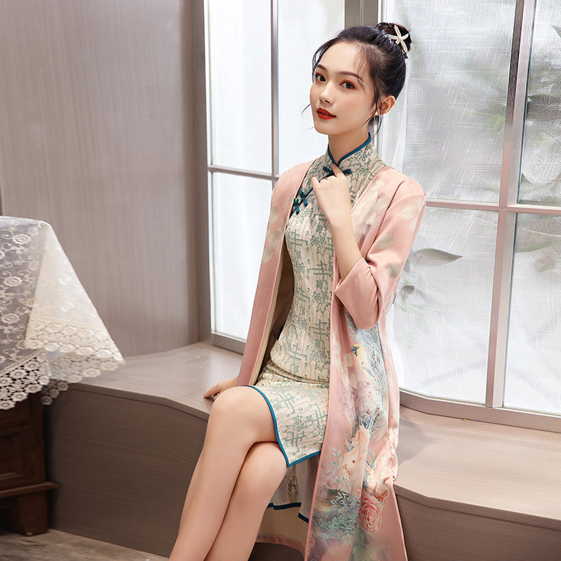 Women's Medium Length Cheongsam With Suede And Aodai Dress Image