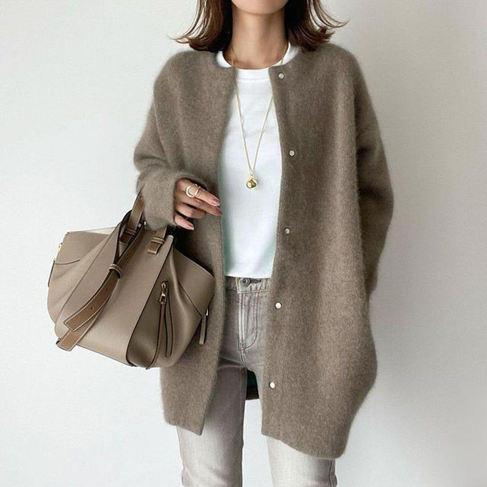 Loose Round Neck Single Breasted Cardigan Fashion Solid Color Coat Jacket Autumn And Winter Women's Clothing Image