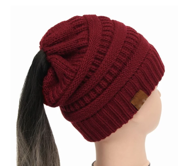 High Bun Ponytail Beanie Hat Chunky Soft Stretch Cable Knit Warm Fuzzy Lined Skull Beanie Acrylic Hats Men And Women Image