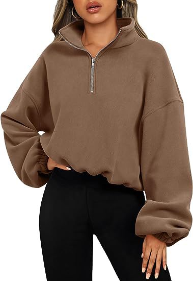 Loose Sport Pullover Hoodie Women Winter Solid Color Zipper Stand Collar Sweatshirt Thick Warm Clothing Image