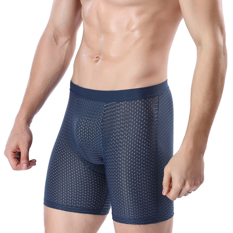 Men's sports underwear long ice mesh eye sexy breathable boxer briefs running wear leg long pants Image