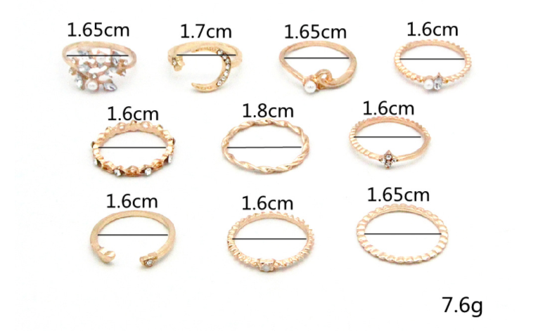 Bohemian Fashion Star Moon Love Pearl Leaf 10-Piece Ring Image