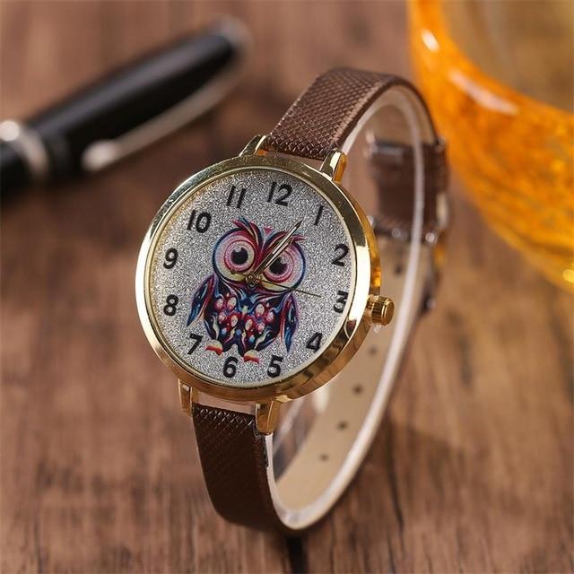 Owl student cartoon watch female model thin belt watch Image