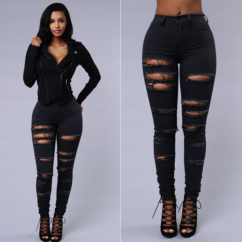 Ripped Jeans Women Skinny Trousers Casual High Waist Pencil Pants Image